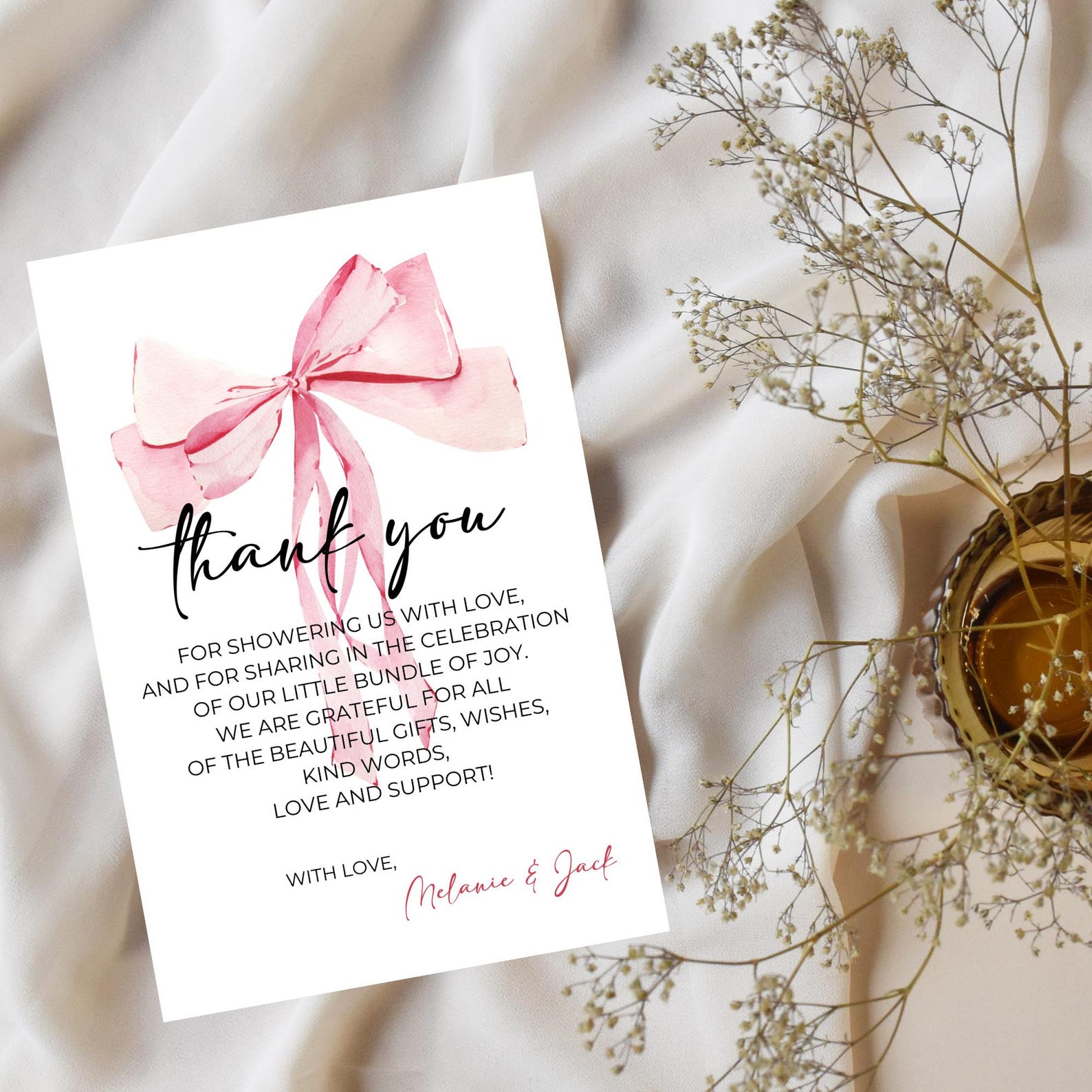Pink Bow Baby Shower Thank You Card, Modern Thank You Note, Baby Girl ...