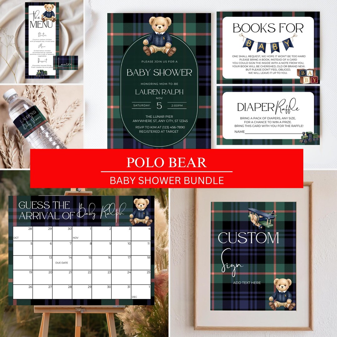 Polo Bear Baby Shower Bundle, Teddy Bear Tartan Plaid, Editable Canva ...
