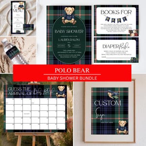 Polo Bear Baby Shower Bundle, Teddy Bear Tartan Plaid, Editable Canva Template Digital Download