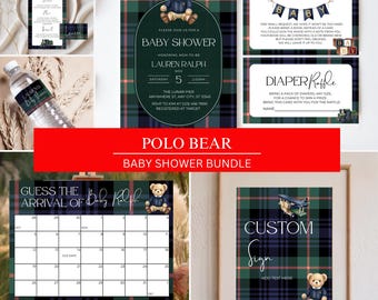 Polo Bear Baby Shower Bundle, Teddy Bear Tartan Plaid, Editable Canva Template Digital Download