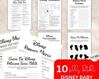 May include: A collection of printable Disney-themed baby shower games. Includes crossword puzzles, trivia, and matching games. The games are printed on white paper with black text and are suitable for a baby shower.