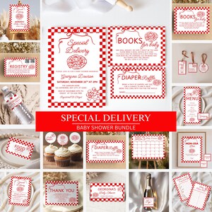 Special Delivery Baby Shower Bundle, Hand drawn Italian Pizza Theme Decor, Canva Template