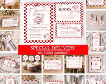 Special Delivery Baby Shower Bundle, Hand drawn Italian Pizza Theme Decor, Canva Template
