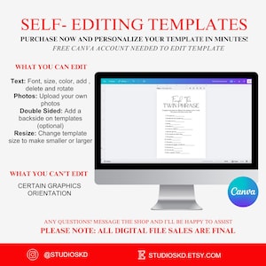 May include: A computer monitor displays a "Find the Twin Phrase" game template. The image includes text about self-editing templates, Canva, and what can and can't be edited. The background is white with red text and a Canva logo.