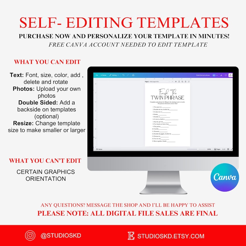 May include: A computer monitor displays a "Find the Twin Phrase" game template. The image includes text about self-editing templates, Canva, and what can and can't be edited. The background is white with red text and a Canva logo.