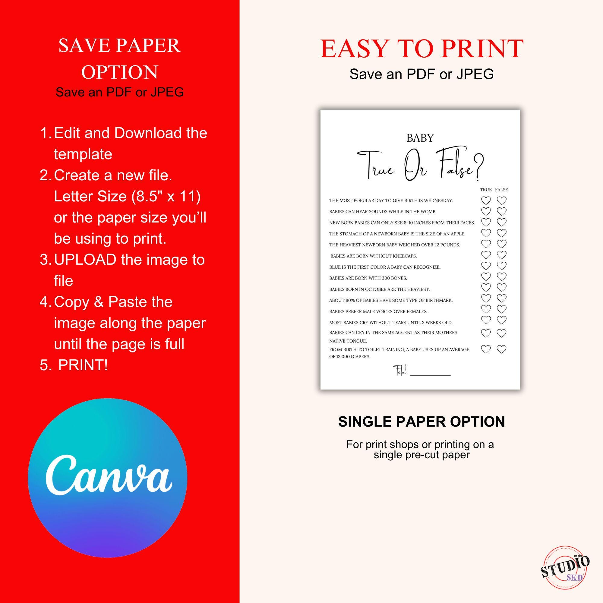 Printable Tue Baby Shower Games Printable, True or False Trivia Game, Canva Template ...