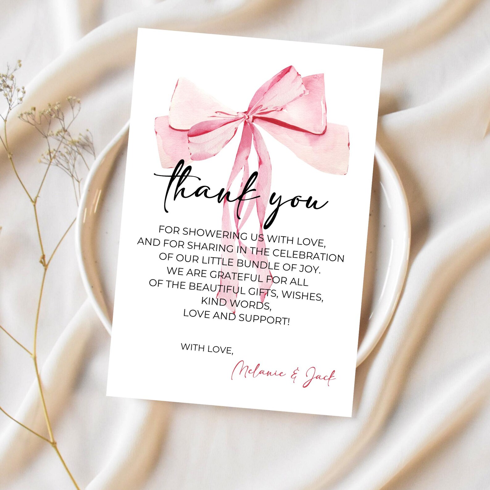 Pink Bow Baby Shower Thank You Card, Modern Thank You Note, Baby Girl ...