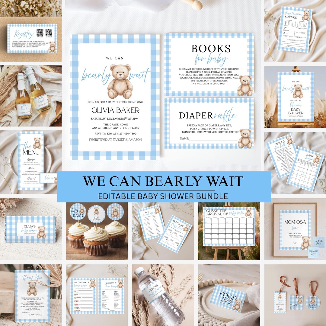 We Can Bearly Wait Baby Shower Bundle, Baby Boy Teddy Bear Theme Games ...