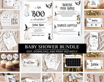 May include: A Halloween-themed baby shower stationery bundle featuring ghost, bat, and witch hat illustrations. The set includes invitations, diaper raffle cards, book request cards, menus, food labels, thank you tags, and water bottle labels with black gothic-style text.