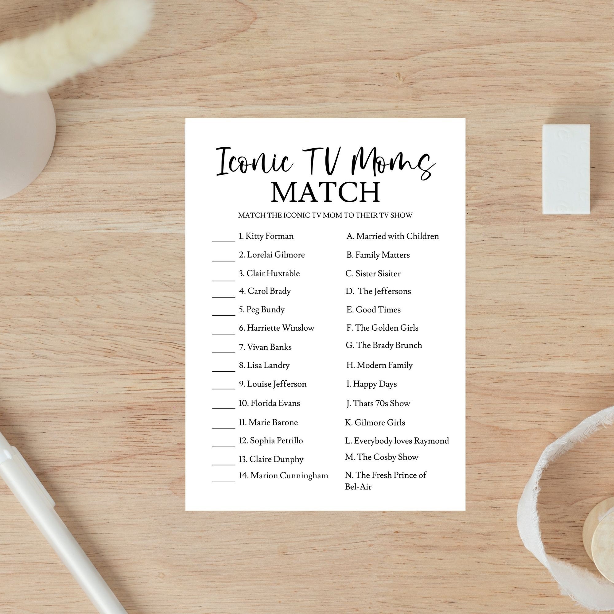 Iconic TV Moms Match Baby Shower Game Card, Baby Shower Matching Game ...