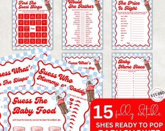 May include: A collection of 15 baby shower games with a vintage diner theme. The games include Bingo, Would She Rather, and Guess the Baby Food, all with red and blue checkered backgrounds and Coca-Cola bottle illustrations.