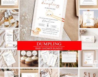 May include: A baby shower bundle with a dumpling theme. The invitation reads "A Little Dumpling is on the Way." Includes various cards, cupcake toppers, and a sign. The color scheme is beige, white, and red.