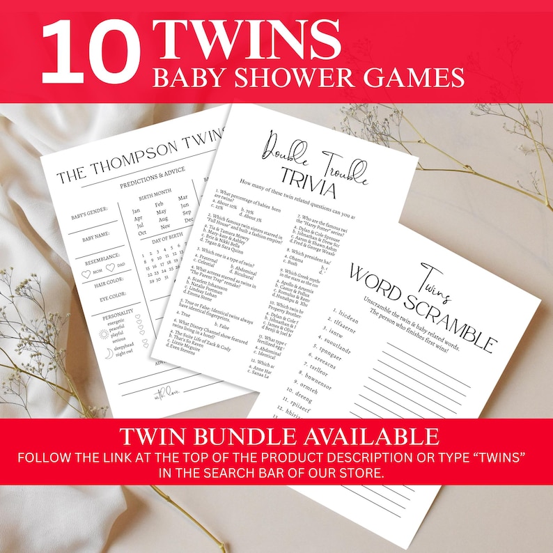 May include: A set of three baby shower games printed on white paper. The games include trivia, word scramble, and a predictions sheet. The text "10 TWINS BABY SHOWER GAMES" is at the top. The bottom banner reads "TWIN BUNDLE AVAILABLE".