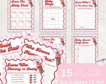 Shes Ready To Pop Baby Shower Games Bundle, Pink Soda Pop Theme,  Canva Template