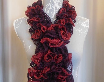 Ruffle Scarf - Womens Scarf - Handknitted - Gift for her - Birthday Gift - Frilly Scarf - Red/Purple Scarf - Stylish - Warm Cosy - Scarf