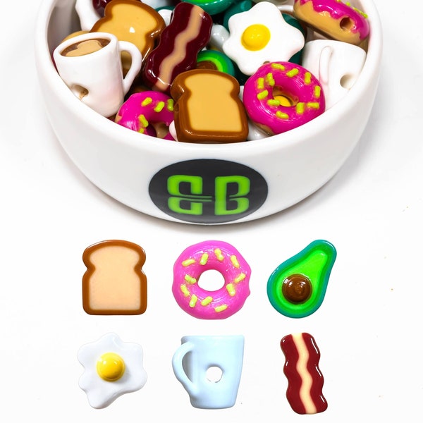 Breakfast Food Kandi Beads | Choose from Eggs, Avocado, Toast, Bacon, or Variety Pack. Packs of 18, 30, 48, or 72 beads. 3D Printed Charms