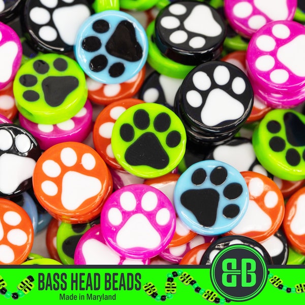Paw Print Kandi Beads | Choose from Green, Black, Blue, Red, Pink, or Variety Pack. Packs of 10, 20, 30, or 50 beads. 3D Printed EDM Beads