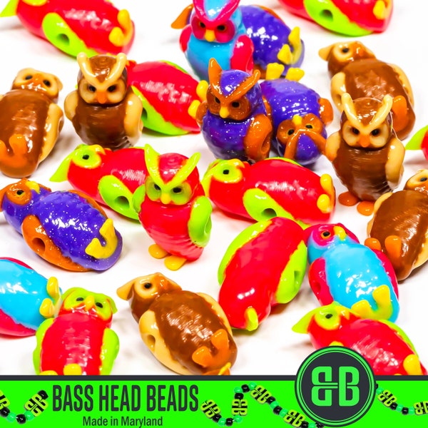Owl Kandi Beads | Packs of 4, 12, 24, 36, or 60 beads. 3D Printed EDM Beads in Glossy, Colorful ABS Plastic