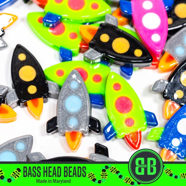 Rocket Ship Kandi Beads | Choose from Blue, Silver, Black, Green, Pink, or Variety Pack. Packs of 5, 10, 20, 30, or 50 beads. 3D Printed