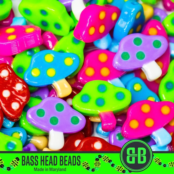 Mushroom Kandi Beads | Choose from Red, Purple, Blue, Green, Pink, or Variety Pack. Packs of 5, 10, 20, 30, or 50 beads. 3D Printed EDM Bead