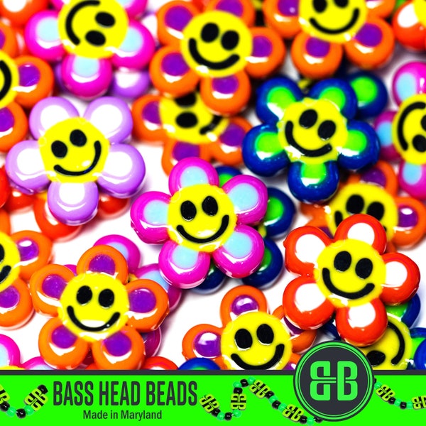 Smiley Flower Kandi Beads | Choose from Red, Purple, Pink, Orange, Blue, or Variety Pack. Packs of 5, 10, 20, 30, or 50 beads. 3D Printed