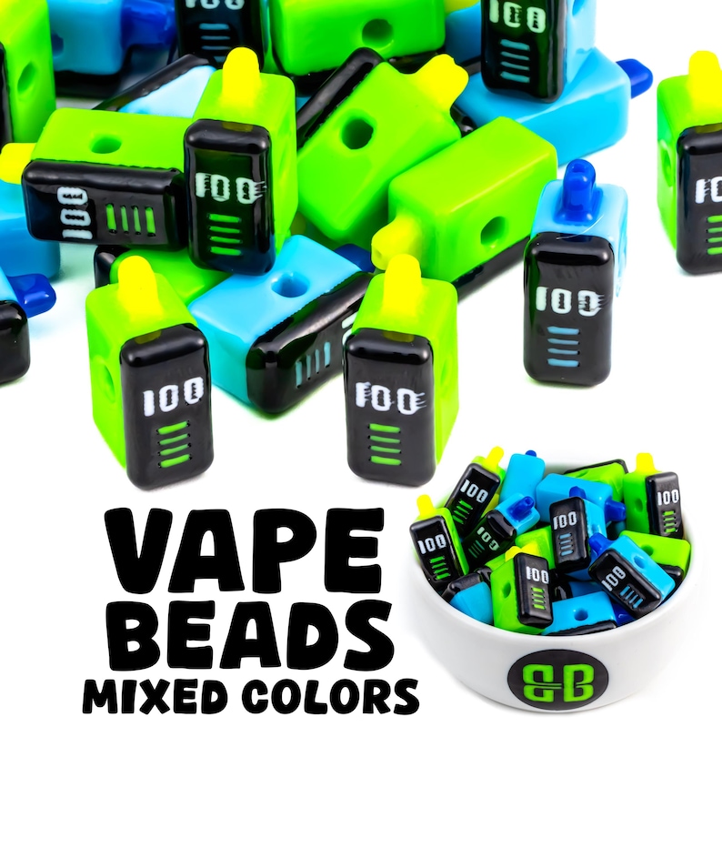May include: A collection of colorful vape beads in green, blue, and black. Each bead has the number "100" printed on it. The words "VAPE BEADS MIXED COLORS" are displayed in bold, black text.