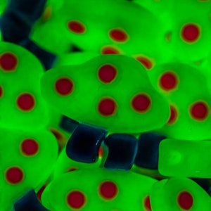 Glow in the Dark Trippy Mushroom Kandi Beads | Packs of 5, 10, 20, or 30 beads. Music Festival + Rave Charms in Glossy, Colorful Plastic.