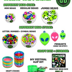 May include: An advertisement for Bass Head Beads, showcasing various bead sizes, styles, and craft kits. The image displays mini, regular, and jumbo alien-themed beads, letter beads, and pendants. Also shown are modular storage containers and a DIY festival clip kit.