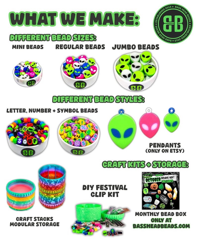 May include: An advertisement for Bass Head Beads, showcasing various bead sizes, styles, and craft kits. The image displays mini, regular, and jumbo alien-themed beads, letter beads, and pendants. Also shown are modular storage containers and a DIY festival clip kit.