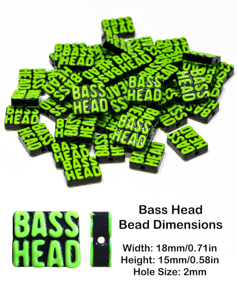 May include: A pile of green and black plastic beads with the words "Bass Head" printed on them. The beads are 18mm wide, 15mm high, and have a 2mm hole.