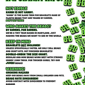 May include: An informational graphic with the title "IMPORTANT INFO:" and text about Kandi beads, including warnings and care instructions. Green and black beads with a "GB" design are scattered around the text.