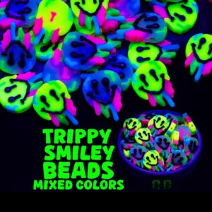 Trippy Smiley Face Kandi Beads | Packs of 4, 12, 24, or 36 beads. EDM Music Festival + Rave Charms in Glossy, Colorful Plastic.