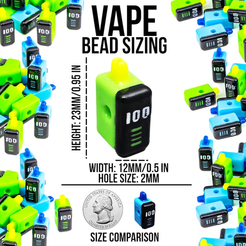 May include: Green and black vape bead with a yellow top, labeled "100". The image includes the text "VAPE BEAD SIZING" and measurements: height 0.95 in, width 0.5 in, and hole size 2mm. A size comparison with a quarter is also shown.
