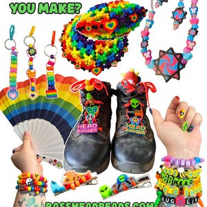 May include: A vibrant collection of handmade accessories and apparel. Includes beaded bracelets, necklaces, earrings, keychains, and hair clips. The image features a rainbow fan, boots with decorative accents, and the text "WHAT WILL YOU MAKE?" and "BASSHEADBEADS.COM".