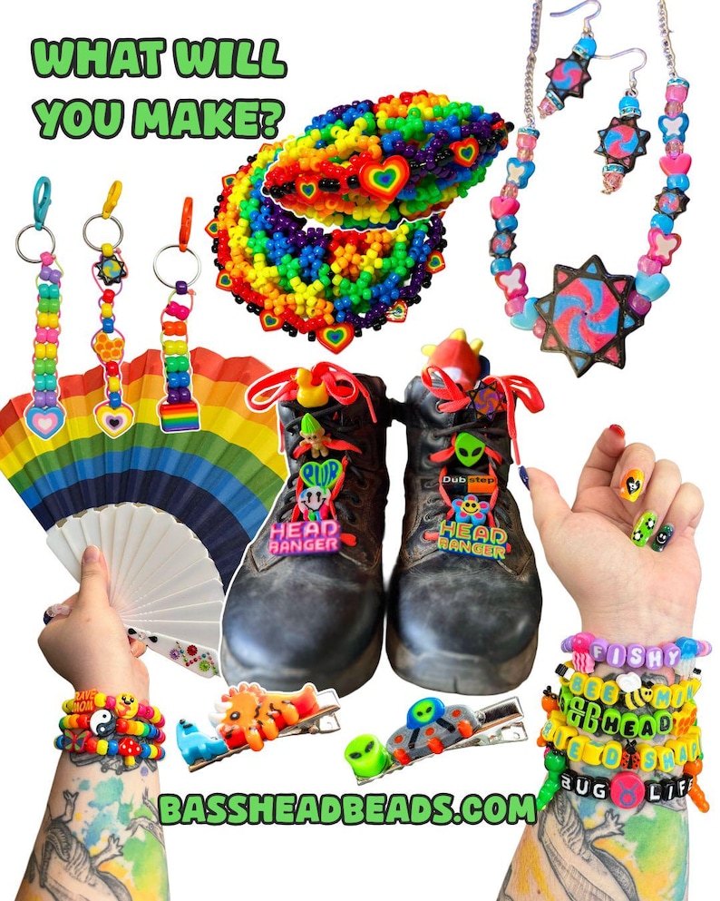 May include: A vibrant collection of handmade accessories and apparel. Includes beaded bracelets, necklaces, earrings, keychains, and hair clips. The image features a rainbow fan, boots with decorative accents, and the text "WHAT WILL YOU MAKE?" and "BASSHEADBEADS.COM".