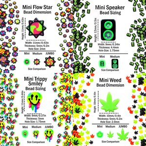 May include: A collection of colorful beads in various shapes, including stars, speakers, smiley faces, and cannabis leaves. Each bead type has size comparisons labeled Mini, Medium, and Jumbo. Dimensions are provided in inches and millimeters.