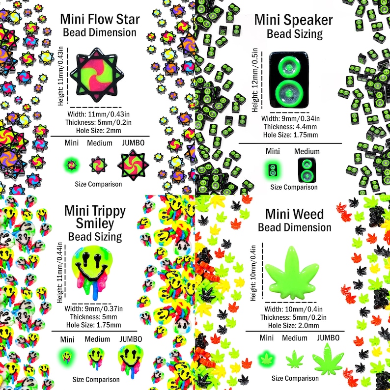 May include: A collection of colorful beads in various shapes, including stars, speakers, smiley faces, and cannabis leaves. Each bead type has size comparisons labeled Mini, Medium, and Jumbo. Dimensions are provided in inches and millimeters.