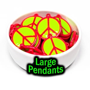 Large Peace Sign Pendant | Packs of 3, 6, 12, 18, or 30 beads. Music Festival + Rave Charms in Glossy, Colorful Plastic.