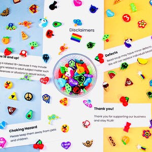 May include: A collection of colorful plastic beads in various shapes and designs, including hearts, flowers, and emojis, scattered on a white, blue, and yellow background. A clear bowl contains more beads. Text on the image includes warnings and disclaimers.