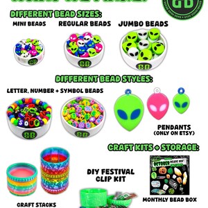 May include: Image showcasing various bead products, including mini, regular, and jumbo beads with alien designs. Also featured are letter, number, and symbol beads, alien pendants, craft kits, and modular storage containers. The text "What We Make" is at the top.
