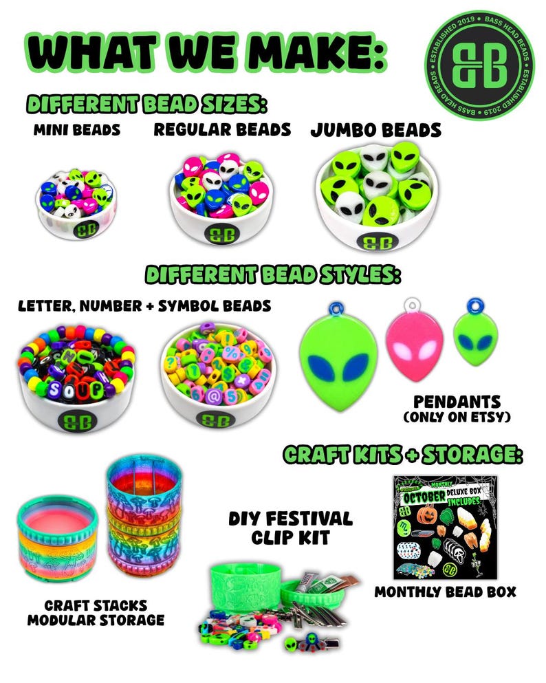 May include: Image showcasing various bead products, including mini, regular, and jumbo beads with alien designs. Also featured are letter, number, and symbol beads, alien pendants, craft kits, and modular storage containers. The text "What We Make" is at the top.