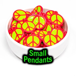 Small Peace Sign Pendant | Packs of 5, 10, 20, 30, or 50 beads. Music Festival + Rave Charms in Glossy, Colorful Plastic.
