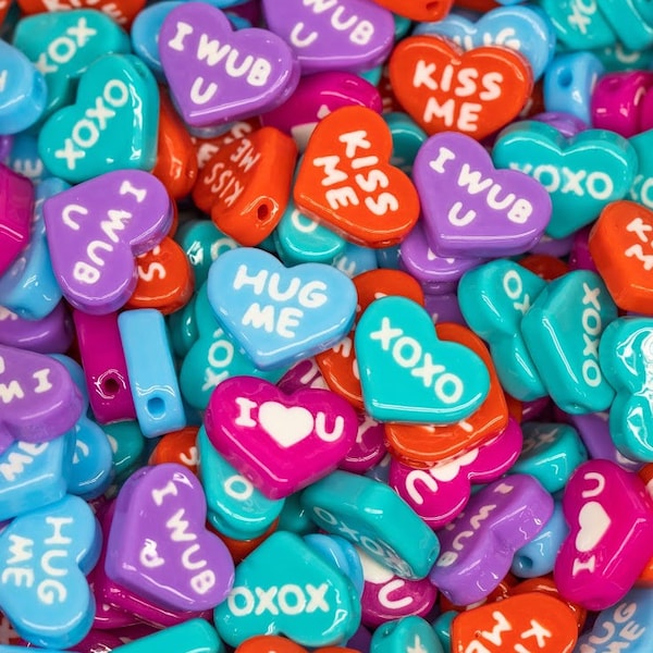 Valentines Day Candy Heart Kandi Beads | I Wub U, Hug Me, XOXO, Kiss Me, I Heart U, or Variety Pack. Packs of 15, 25, 35, or 60 beads.