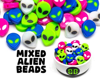 Alien Kandi Beads | Choose from Pink, Green, Blue, Glow in the Dark, or Variety Pack. Packs of 4, 12, 24, or 36 beads. Plastic Rave Charms
