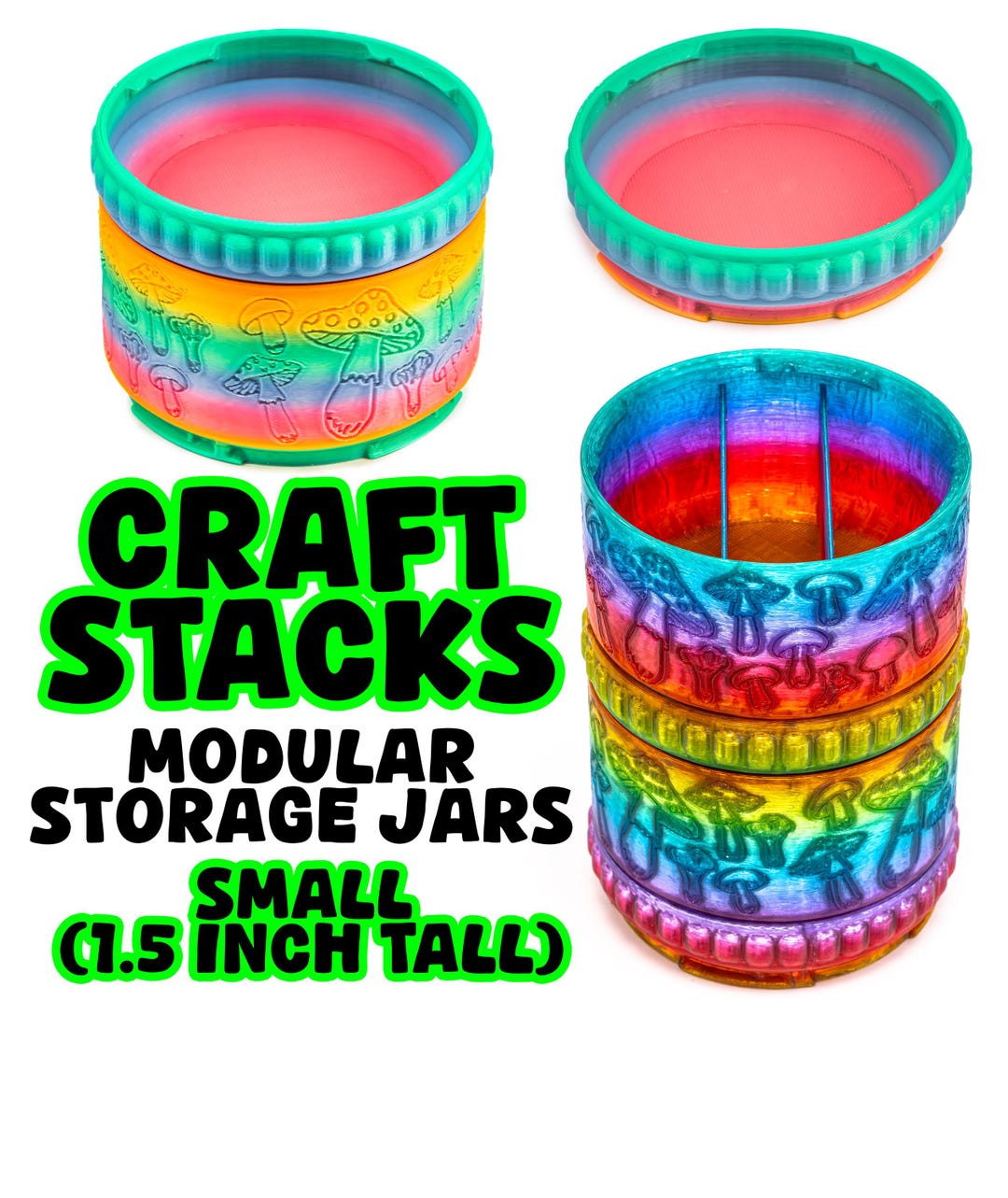 Mushroom Print Craft Stack Storage Jars | Modular Trinket Organizer (1. ...