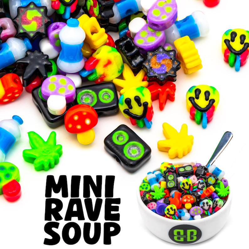 May include: A collection of colorful, miniature rave-themed charms and beads. The image includes smiley faces, mushrooms, and other playful designs. A bowl filled with charms is shown with the text "MINI RAVE SOUP".