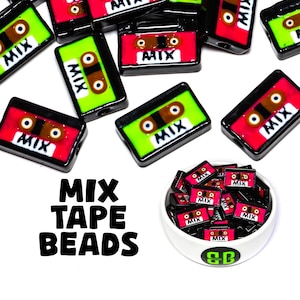 Mixtape Kandi-kralen | Verpakkingen van 4, 12, 24 of 36 kralen. 3D-geprint muziekfestival + rave-bedels van glanzend, kleurrijk ABS-kunststof