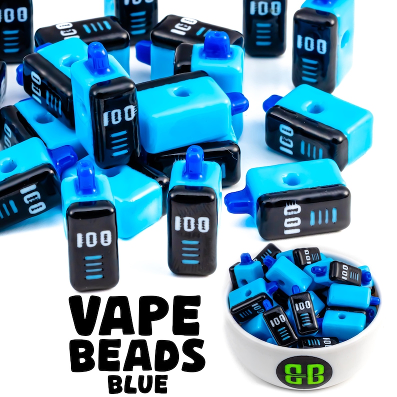 May include: A collection of blue and black vape beads with the number "100" printed on them. The words "VAPE BEADS BLUE" are displayed in large, bold letters. Some beads are in a white bowl with a green and black logo.