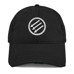 May include: Black distressed baseball cap with a white embroidered symbol of three arrows in a circle.