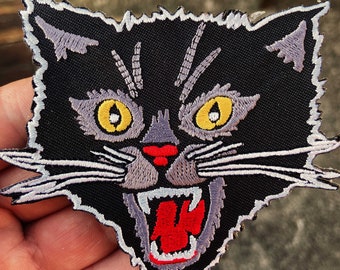 Angry Black Cat Iron On Embroidered Patch, Punk Rockabilly Biker Traditional Tattoo Applique